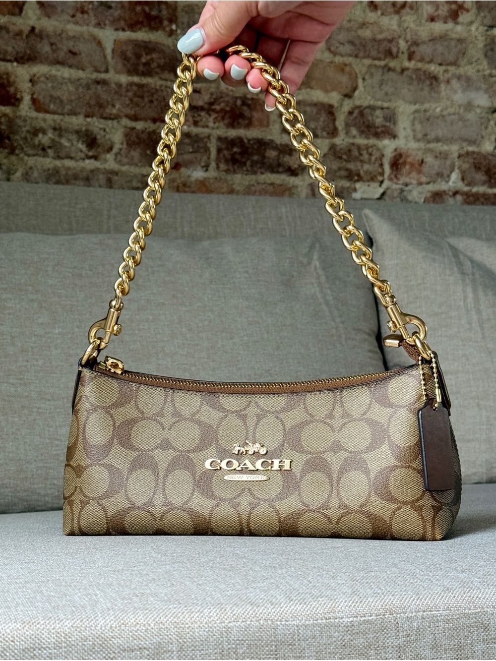 Coach Brown Signature Logo Chain Shoulder Bag with Gold Hardware